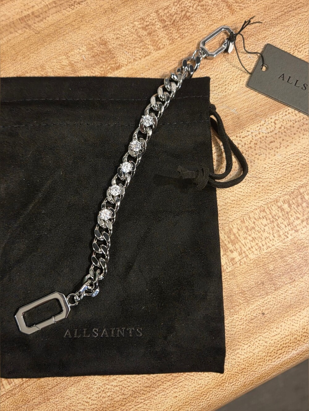ALL SAINTS NWT Silver Rhinestone Bracelet & Dustbag